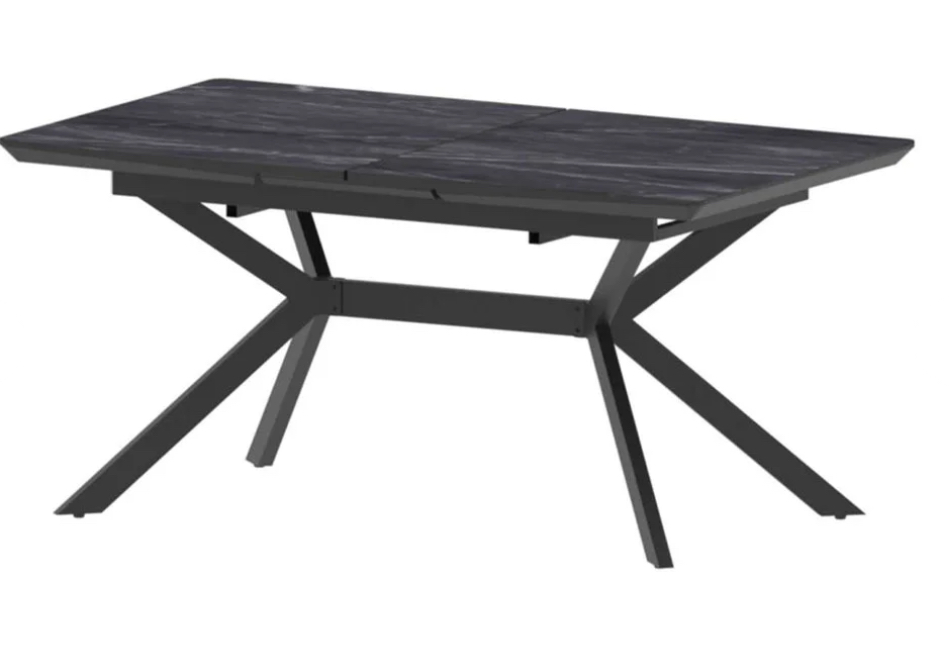 Стол ДАЙМ 4 керам.(1600х900/2000) белый мрам,вста Baut,МДФ черн глян,карк.черн.мат.(опора 50чер.мат)